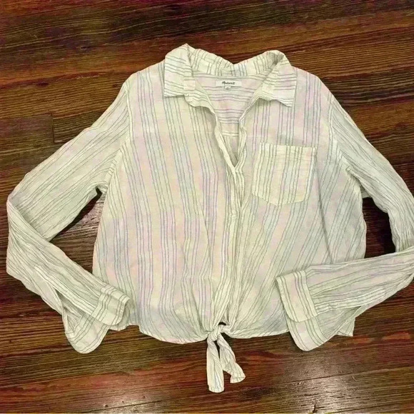 Madewell Tie Front Shirt Stripe Long Sleeve Button Down Collared Top Sz Xl - Picture 2 of 8